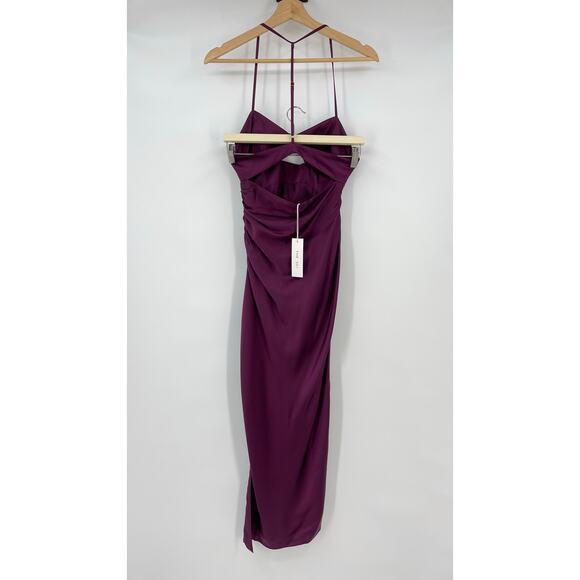 The Sei | Ruched Cut Out Silk Midi Dress in Burgundy Oxblood 2 - Picture 5 of 16